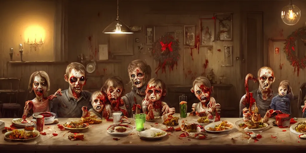Prompt: a zombie family christmas diner, wide angle, super highly detailed, professional digital painting, artstation, concept art, smooth, sharp focus, no blur, no dof, extreme illustration, unreal engine 5, photorealism, hd quality, 8 k resolution, cinema 4 d, 3 d, beautiful, cinematic, art by greg rutkowski. by james gurney