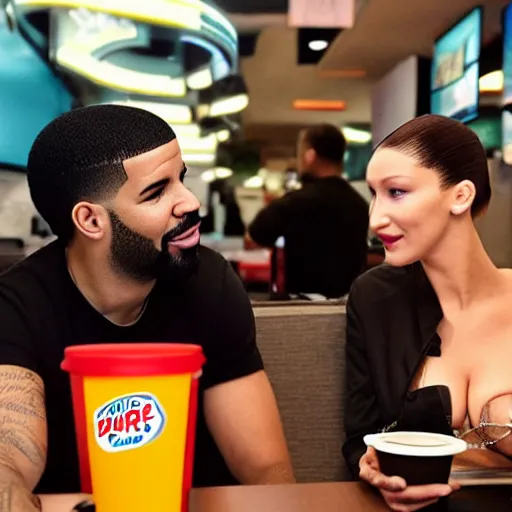 Image similar to rapper drake eating at burger king's fast food with bella hadid, photorealistic, dynamic light, ultra detailed