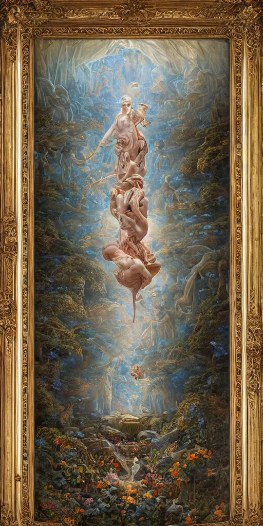 Image similar to a stunning and noble highly detailed romantic period style painting of the place where gods come into being by james jean, josep tapiro baro and harles sillem lidderdale, trending on artstation, oil painting masterpiece, symmetry, rule of thirds, mysterious