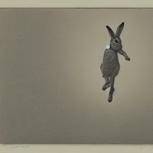 Prompt: etching of a jackrabbit jumping downward