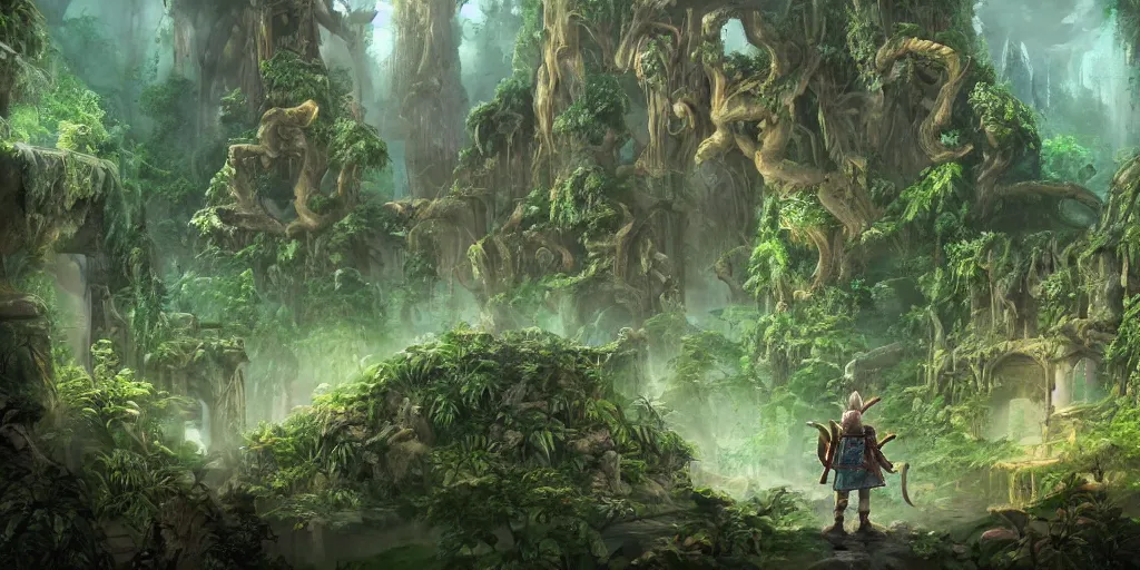 Image similar to ancient magical overgrown ruins, mysetrious etherial mesmerizing atmosphere, beautiful lighting, extremely intricate, hyper detailed, hd, legend of zelda, masterpiece