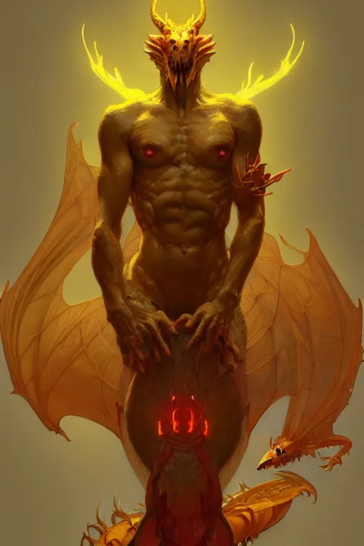 Image similar to full figure antrophomorphic male dragon, frontal view, no wings, luminous scene, by greg rutkowski and alphonse mucha, d & d character, gradient yellow to red, in hell, highly detailed portrait, digital painting, artstation, concept art, smooth, sharp focus illustration, artstation hq