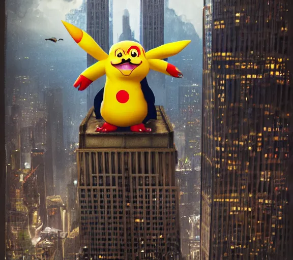 Image similar to epic fantasy comic book style portrait painting of a giant angry pikachu as king kong climbing the empire state building, by mark ryden and pixar and hayao miyazaki, unreal 5, daz, hyperrealistic, octane render, cosplay, rpg portrait, dynamic lighting, intricate detail, cinematic