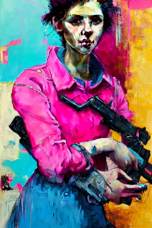 Image similar to portrait of a beautiful postacoliptic girl that has lived trough war and has seen death, in the colors hot pink and cyan, beautiful face, rule of thirds, complex outfit, with gadgets and guns build from scrap and junk metal, spotlight, by greg rutkowski, by jeremy mann, by francoise nielly, by van gogh, digital painting