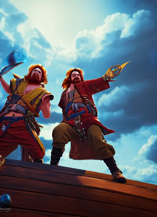 Image similar to an epic fantasy comic book style portrait painting of two bumbling idiot sky - pirates on the deck of a skyship looking at a chest, unreal 5, daz, hyperrealistic, octane render, cosplay, rpg portrait, dynamic lighting, very detailed faces