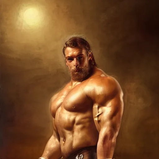 Prompt: handsome portrait of a wrestler guy bodybuilder posing, war hero, wrestling singlet, radiant light, caustics, by gaston bussiere, bayard wu, greg rutkowski, giger, maxim verehin