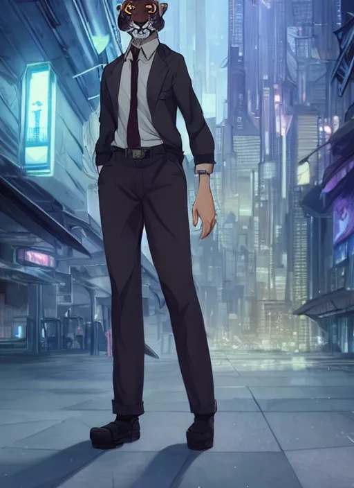 Image similar to character portrait of a male anthro Tiger fursona wearing a dress shirt and slacks in a futuristic city. Character design by charlie bowater, ross tran, artgerm, and makoto shinkai, detailed, inked, western comic book art