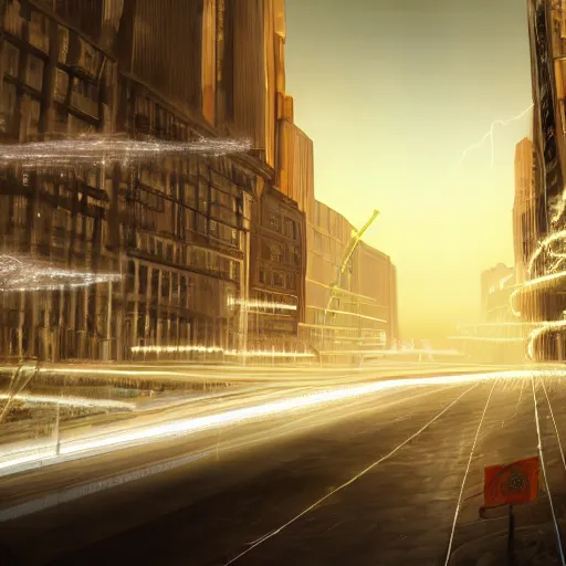 Prompt: an _ endless _ white _ worm _ energy _ being _ with _ emissive _ lighting _ snaking _ its _ way _ through _ a _ vast _ brass _ colored _ and _ labrynthine _ cityscape _ concept _ art _ wayne _ b