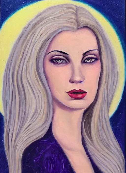 Prompt: portrait of beautiful blonde woman as a Dark evil witch, big moon in the background, oil painting