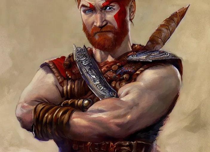 Image similar to a highly detailed beautiful portrait of conan o'brien as kratos, by gregory manchess, james gurney, james jean