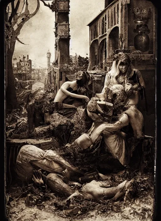 Prompt: old wetplate daguerreotype birth of civilization in times of conflict, fractal, intricate, elegant, highly detailed, parallax, leica, medium format, subsurface scattering, by jheronimus bosch and greg rutkowski and louis jacques mande daguerre