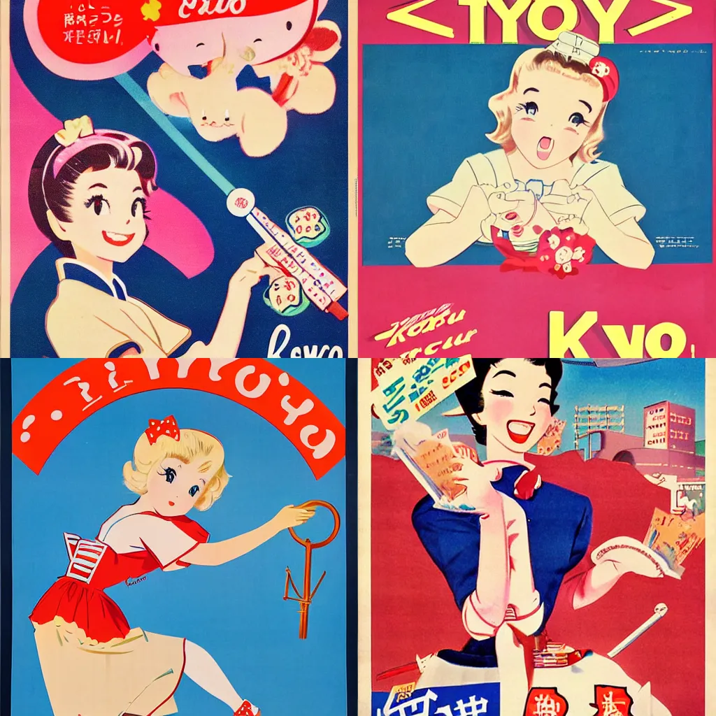 Prompt: 1950s american poster advertising key visual of cute kawaii girl tour in kyoto