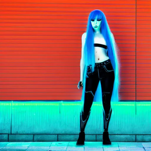 Image similar to cyberpunk young woman with blue hair and cybernetic leg implants smoking and leaning against a wall lit in neon
