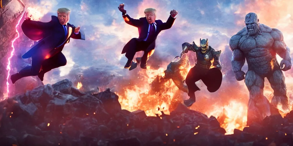 Prompt: a professional cinematic photo of donald trump fighting thanos on top of white house. extremely high fidelity. key light.