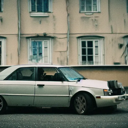 Prompt: low angle shot of russian car in soviet yard with block of flats, low grain film,polaroid, masterpiece, f 1.6, bokeh, mid day in style of william egglestone