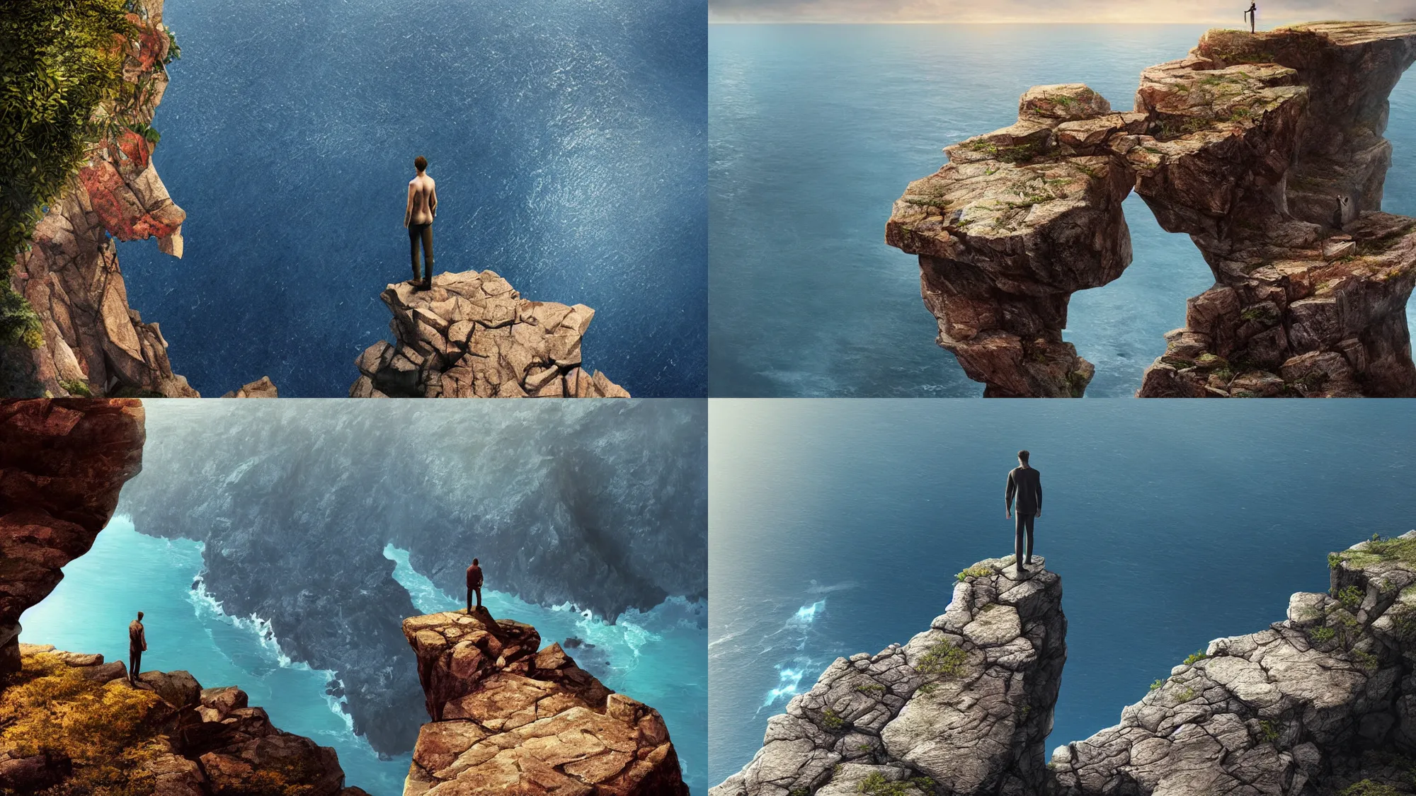 Prompt: A man standing on the edge of a rocky cliff, sapphire waters below, 4k, trending on Artstation, award-winning photograph, wide shot, art by Greg Rutkowski, Igor Morski