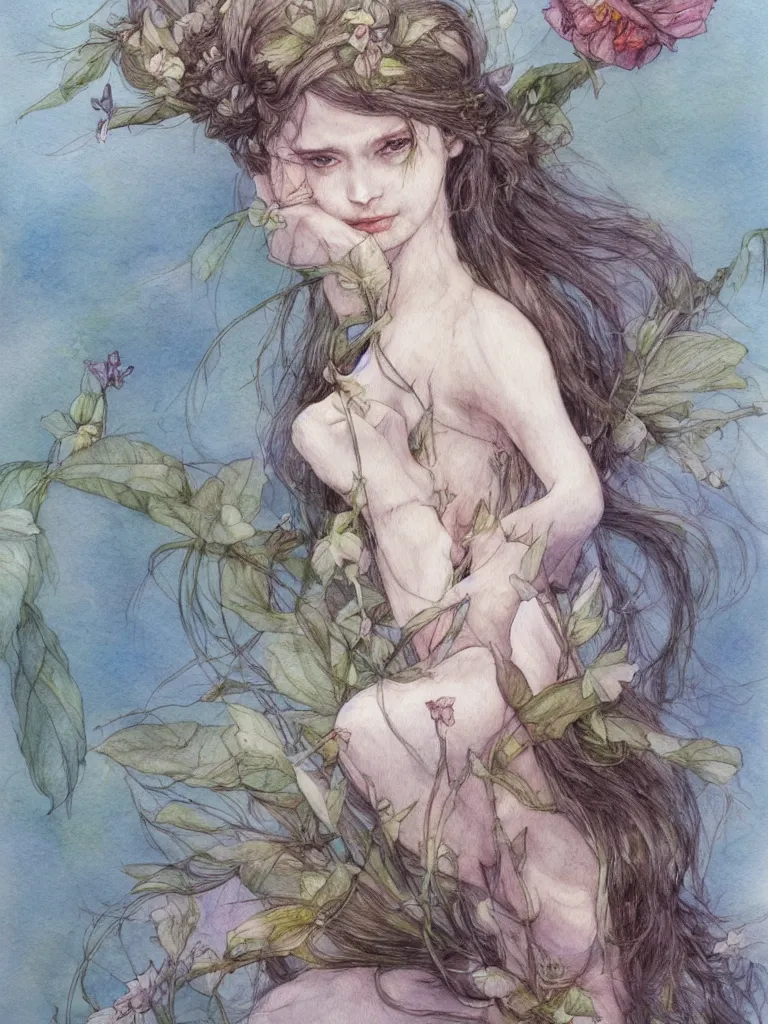 Image similar to study of a flower fairy, illustration, watercolor, alan lee, detailed, pretty, ethereal, realistic, artstation