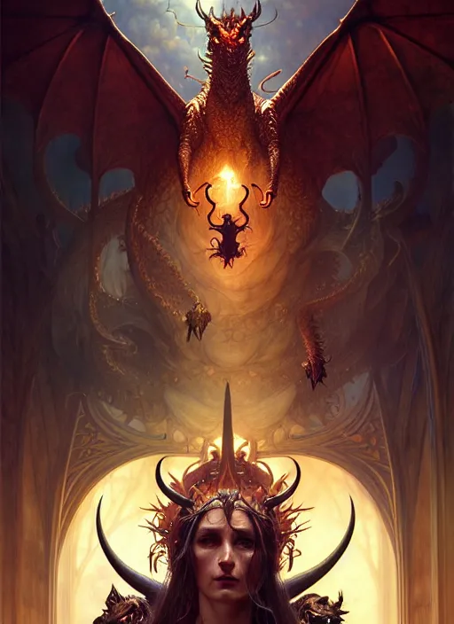 Image similar to a beautiful cd album cover of a satanic sorcerer taming a dragon, intricate, sharp focus, illustration, highly detailed, digital painting, concept art, matte, art by WLOP and Artgerm and Greg Rutkowski and Alphonse Mucha, masterpiece
