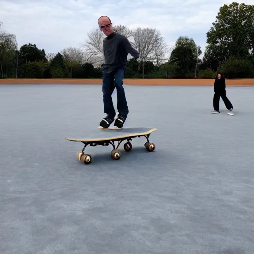 Image similar to Walter White doing skate tricks at the park