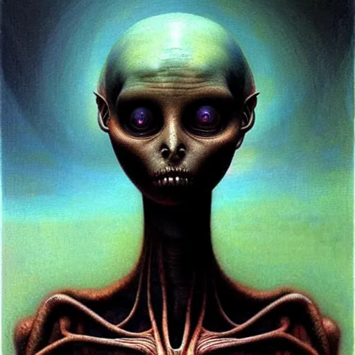 Prompt: alien woman, full body, portraiture, painted by Beksiński, oil painting, intricate details