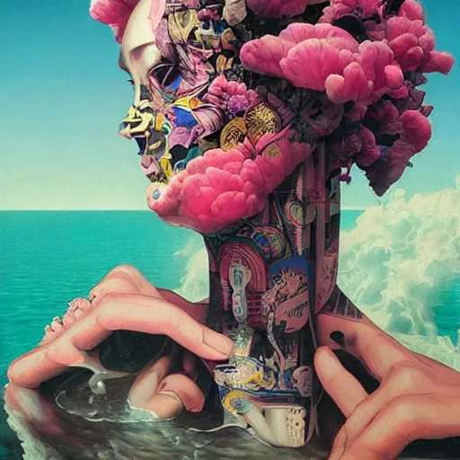 Image similar to Tristan Eaton & Greg Rutkowski, award winning masterpiece with incredible details, Zhang Kechun, a surreal vaporwave vaporwave vaporwave vaporwave vaporwave painting by Thomas Cole of an old pink mannequin head with flowers growing out, sinking underwater, highly detailed