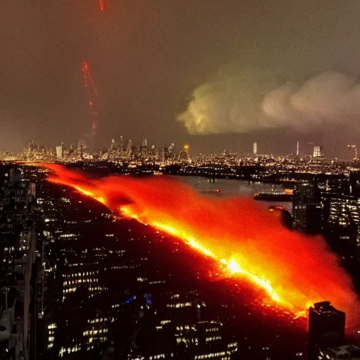 Prompt: a photograph photo of new york city being scorched by holy fire from the sky and meteors, new york city being obliterated by explosions