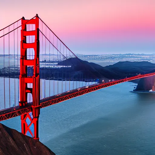 Image similar to golden gate bridge, sunset, dragon flying above