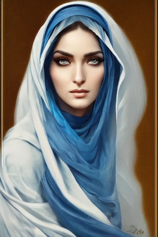 Prompt: modern arab Ameera al-Taweel, bright blue eyes, long wavy black hair, white veil, closeup, focus face, elegant, highly detailed, centered, oil painting, artstation, concept art by tom bagshaw