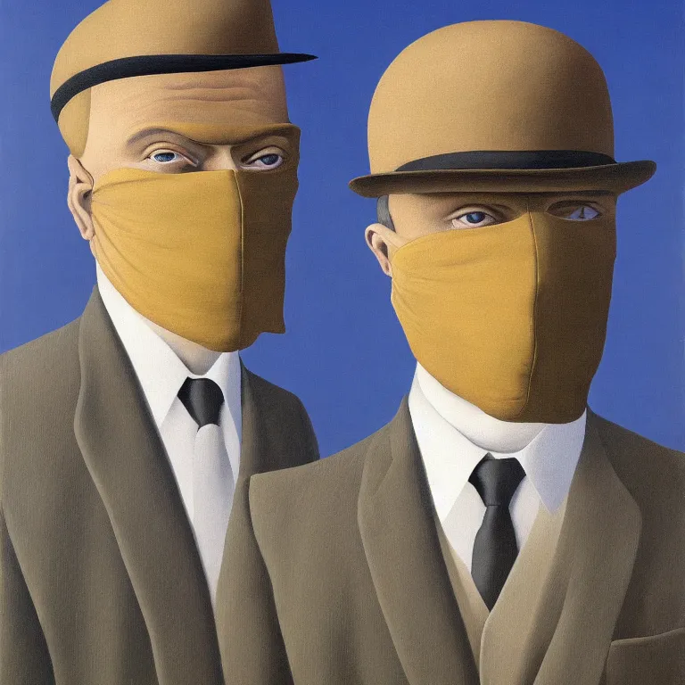 Image similar to portrait of man in a suit with covered face by rene magritte, detailed painting, hd, hq, high resolution, high detail, 4 k, 8 k