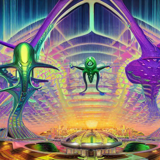 Image similar to alien panoramic village city rave hyper realism octane render airbush art nouveau intricate details by arthur adams, alex grey, lisa frank, syd mead, victo nagi