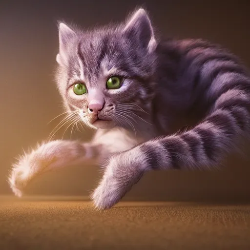 Image similar to full body pose, hyperrealistic photograph of cheshire kitten, dim volumetric lighting, 8 k, octane beautifully detailed render, extremely hyper detailed, intricate, epic composition, cinematic lighting, masterpiece, trending on artstation, very very detailed, stunning, hdr, smooth, sharp focus, high resolution, award, winning photo, dslr, 5 0 mm