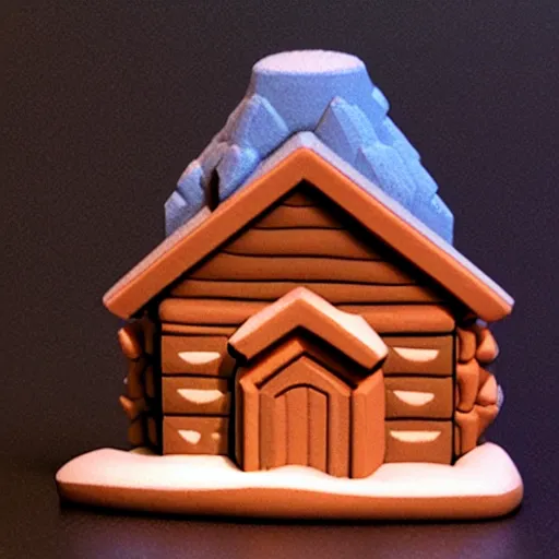 Prompt: cute clay model 3 d printed isometric cozy winter cabin at twilight, nintendo art