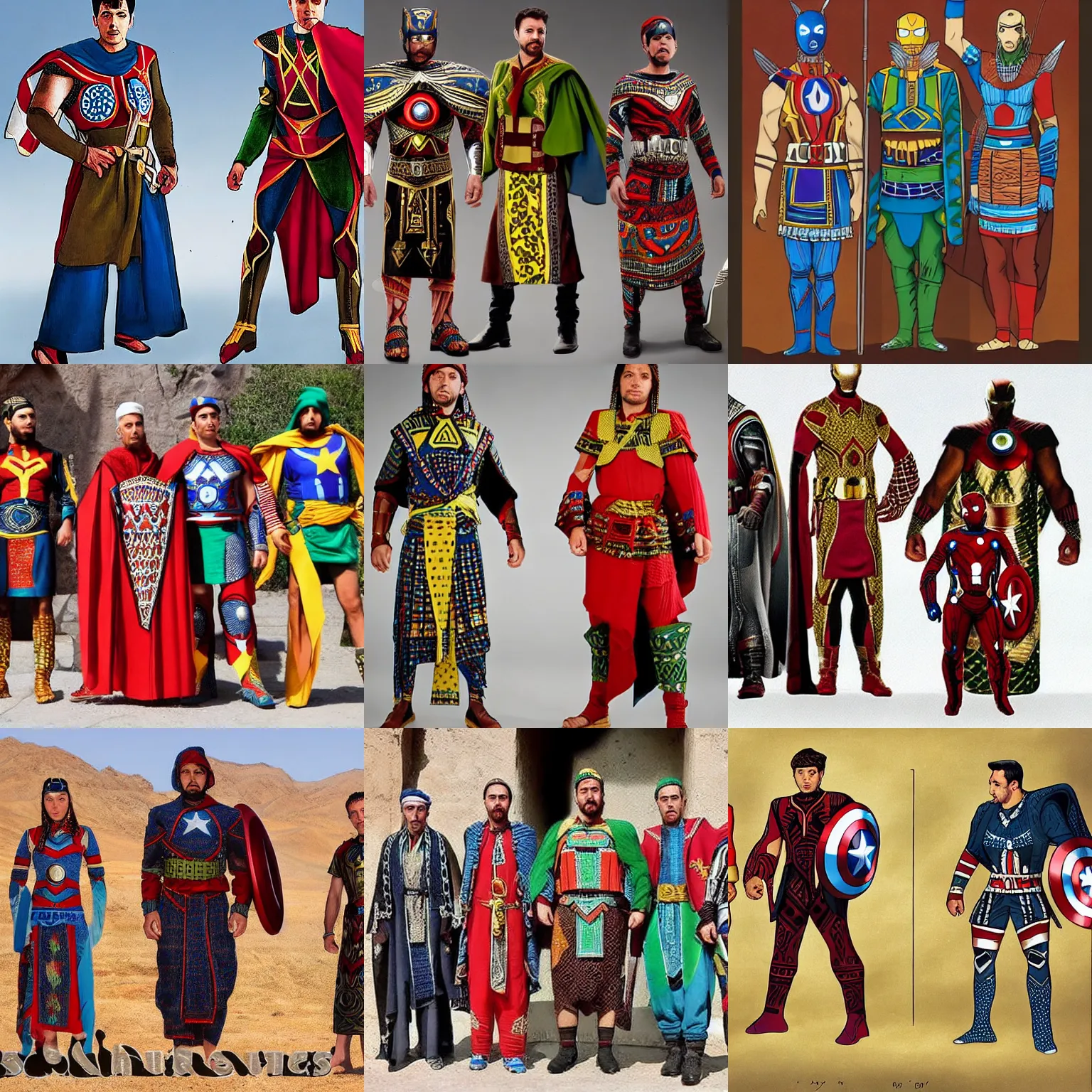 Prompt: the avengers in traditional Amazigh berber clothes styled battle suits