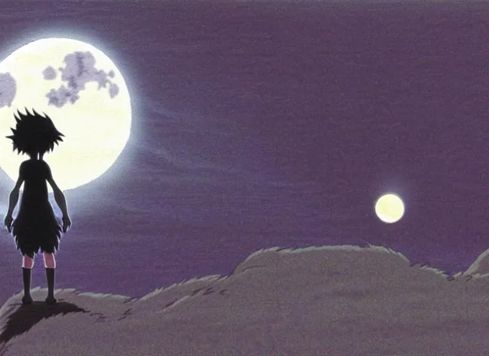 Image similar to a still from a studio ghibli movie of a cartoon shadow demon from princess mononoke ( 1 9 9 7 ), in front of a pale full moon, full body, wide shot, very dull muted colors, studio ghibli, highly detailed, deviantart, art by artgem