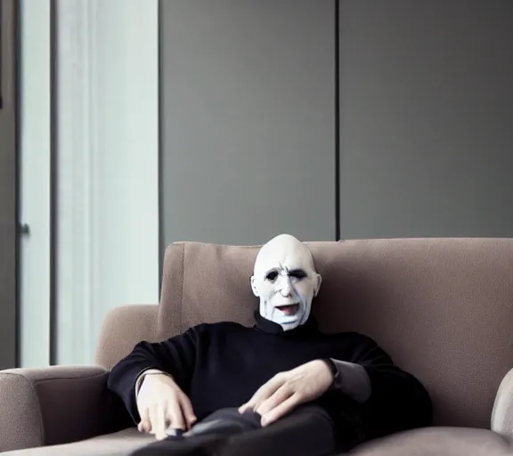 Prompt: Voldemort watching a twitch stream in a sofa, photoshoot