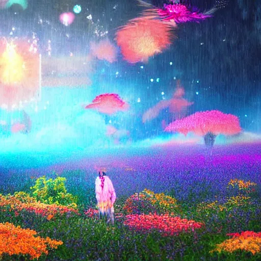 Image similar to spirits over the horizon, spiritual, digital art, warm color palette, colorful, vapor, mist, flowers, floral, diffraction grading, de - noise, by akihito yoshida, by weta fx, by yaoy kusama, by yoshitaka amano