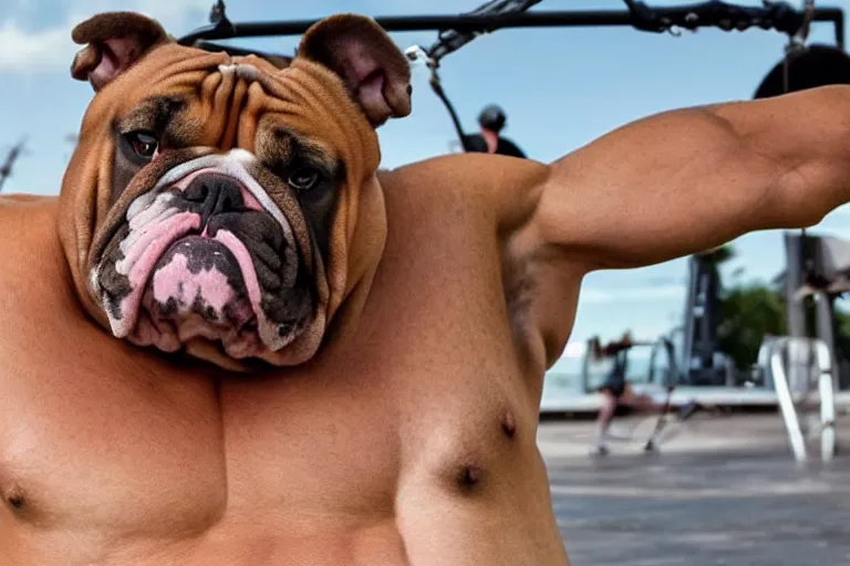 Image similar to a very large bodybuilding bulldog with very strong muscles