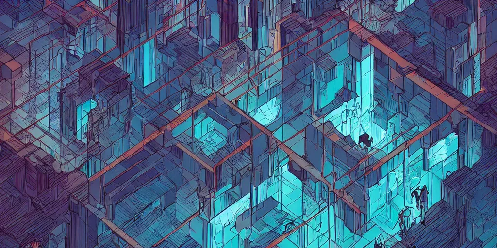 Image similar to concept art of an epic tesseract in style of dan mumford and laurie greasley by james gilleard, very detailed, clean lines, atmospheric, vivid, wide angle