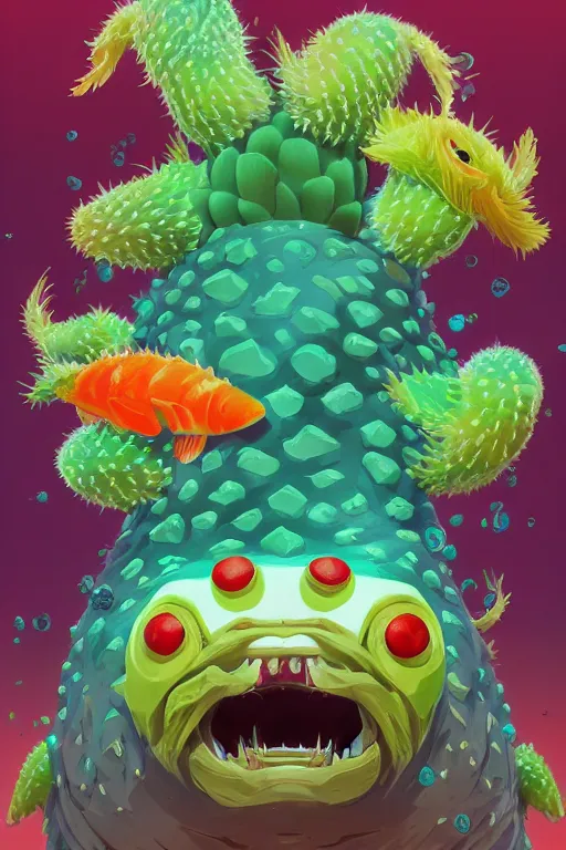 Image similar to 3 d render creature animal sushi cristal very big eye roots cactus elemental flush of force nature micro world fluo fishscale, comics gta 5 cover, official fanart behance hd artstation by jesper ejsing, by rhads, makoto shinkai and lois van baarle, ilya kuvshinov, ossdraws