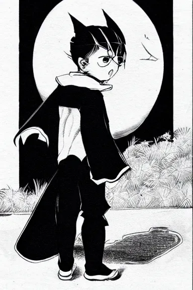 Image similar to attractive little boy in black cat suit with cape, black and white artwork made by boichi,