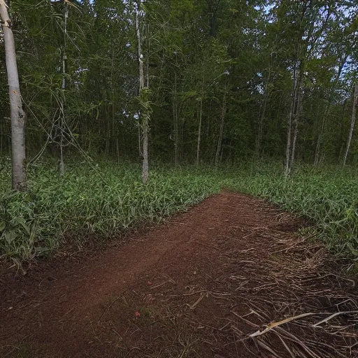 Prompt: trail cam footage of ominous floating corn cobs, nighttime trail cam