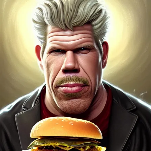 Image similar to portrait of Ron Perlman eating a giant hamburger , extra onions and ketchup, luscious patty with sesame seeds, feminine ethereal, handsome, D&D, fantasy, intricate, elegant, highly detailed, digital painting, artstation, concept art, matte, sharp focus, illustration, art by Artgerm and Greg Rutkowski and Alphonse Mucha