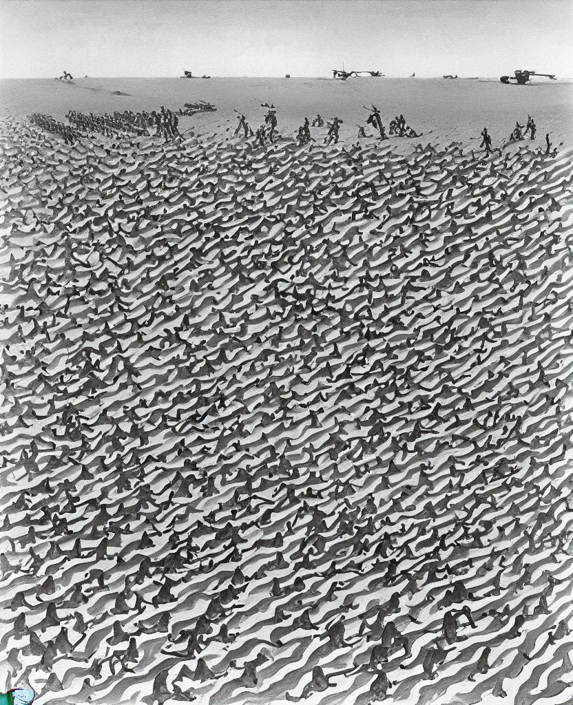 Image similar to a beautiful painting of bombs and soldiers on desert in el alamein battle, wwii, black and white, painted by escher, disorder