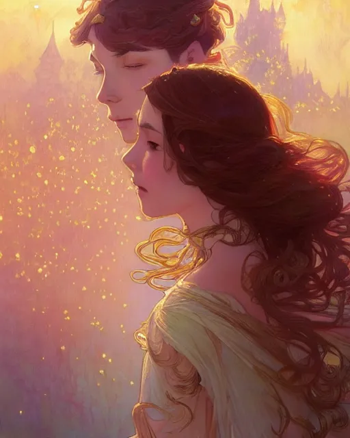 Image similar to secret romance, highly detailed, gold filigree, romantic storybook fantasy, soft cinematic lighting, award, disney concept art watercolor illustration by mandy jurgens and alphonse mucha and alena aenami, pastel color palette, featured on artstation