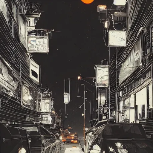 Image similar to highly detailed painting. night is full of lights, screens, pc, phone, you cant sleep by atey ghailan, by greg rutkowski, by greg tocchini, by james gilleard, by joe fenton, by kaethe butcher, gradient orange, black and white color scheme, grunge aesthetic!!! ( ( graffiti tag wall background ) )