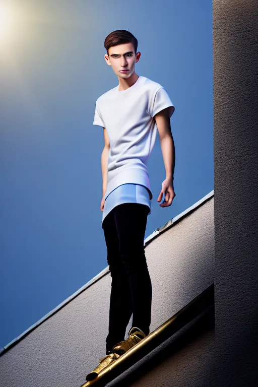 Image similar to un ultra high definition studio quality photographic art portrait of a young man standing on the rooftop of a british apartment building wearing soft padded silver pearlescent clothing. three point light. extremely detailed. golden ratio, ray tracing, volumetric light, shallow depth of field. set dressed.