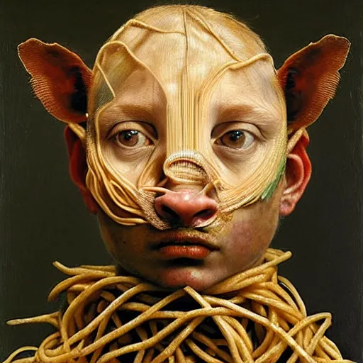 Prompt: half boy half rhino made of spaghetti, by giuseppe arcimboldo and ambrosius benson, renaissance, intricate and wet oil paint, a touch of beksinski, realistic