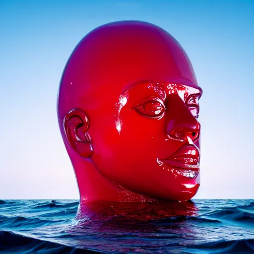 Image similar to a giant human head sculpture in the sea made out of juicy and transparent red jelly, long shot, hyper detailed, hyper realistic, ray tracing, 8 k resolution, sharp focus, realistic water, award winning