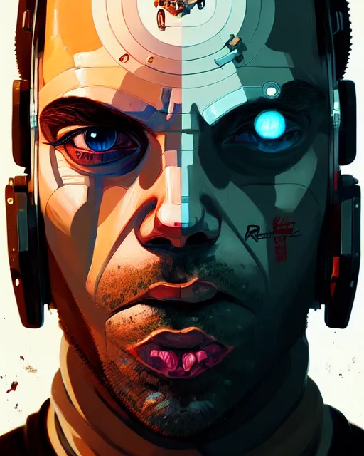 Image similar to hyper - realistic portrait of a damaged and broken robot, gta v cover art, celshading, sharp focus, intricate, detailed, rhads, andreas rocha, makoto shinkai, lois van baarle, ilya kuvshinov, greg rutkowski, dynamic lighting, grunge aesthetic, 4 k