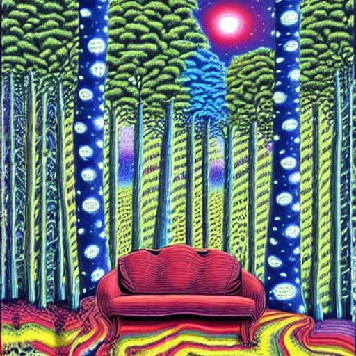 Prompt: psychedelic trippy tiedye pine forest, planets, milky way, sofa, cartoon by rob gonsalves